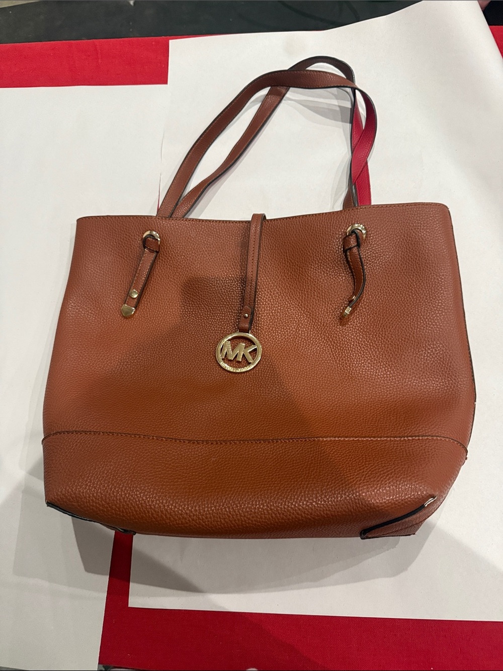 Michael Kors Tan Pebbled Leather Tote with Gold MK Charm
